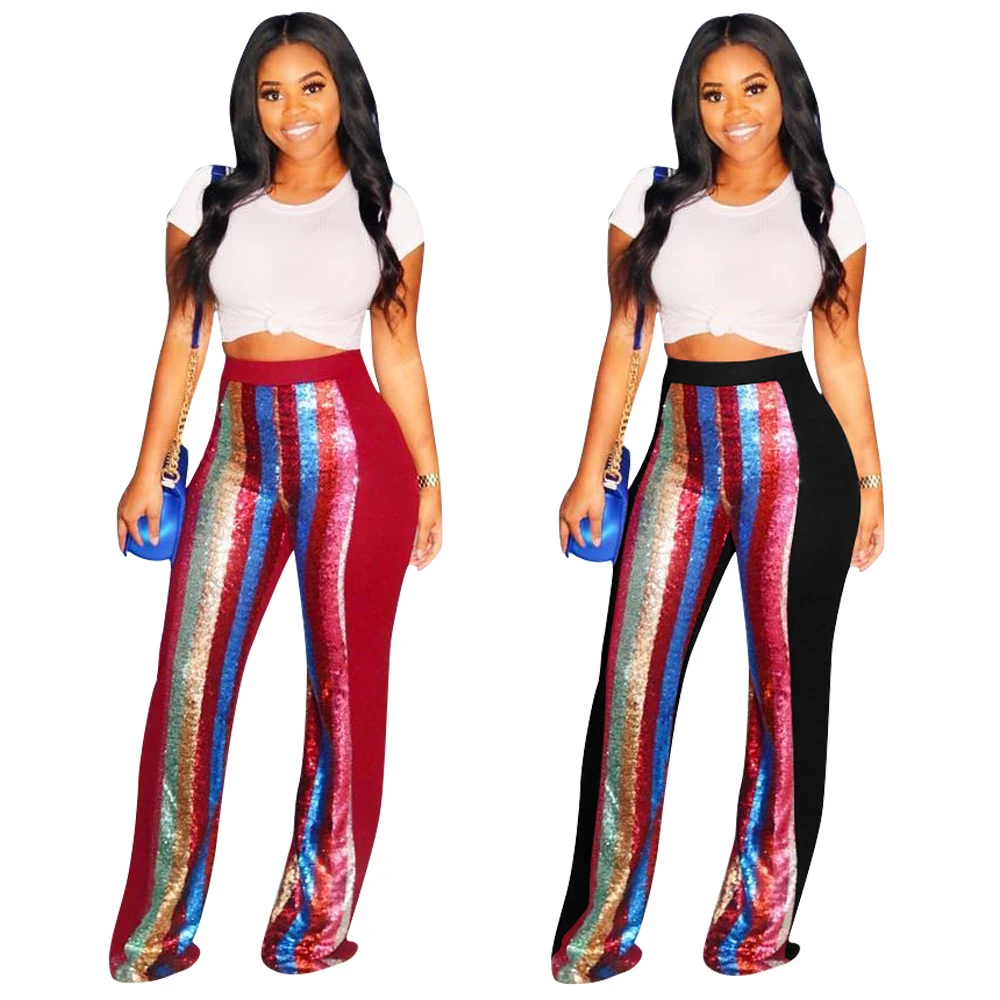 

OPL5286 women fashion striped sequin wide leg pants, N/a