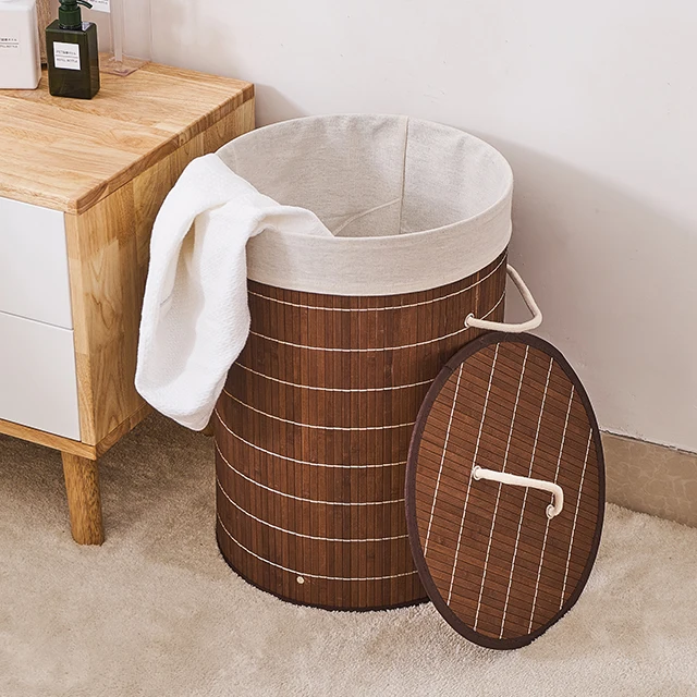 Round Handmade Folding Bamboo Laundry Basket Laundry Bin Collapsible