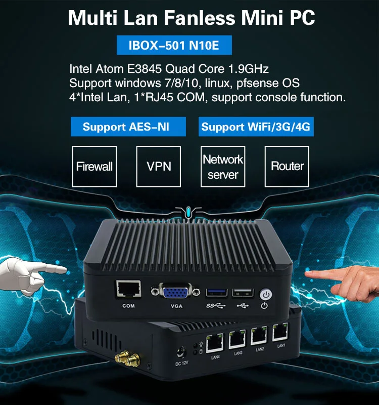 Yanling Intel atom E3845 quad core 4 ethernet ports fanless industrial mini pc firewall pfsense support aes-ni