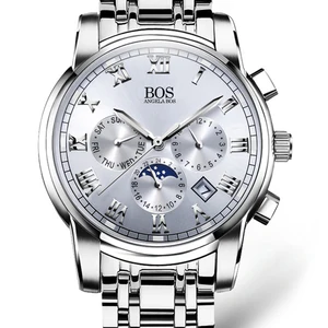 ANGELA BOS Business Stainless Steel Quartz Watch Men Date Week Month Waterproof Luminous Mens Watches Top Brand Luxury 2017 2
