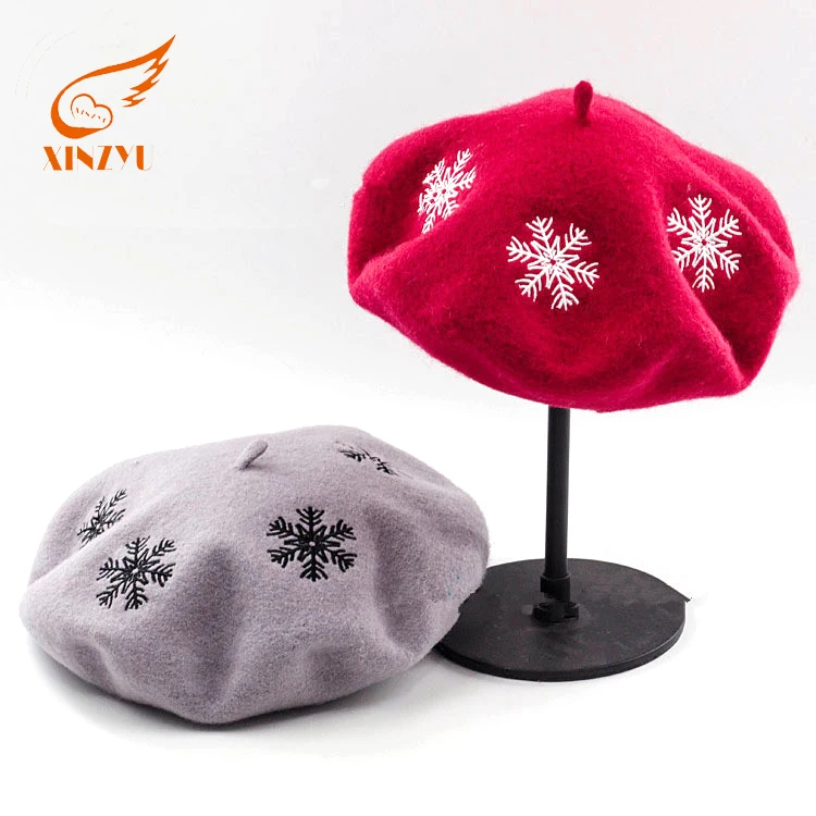 Classic Ladies Red Beret Hat Fashionable Snowflake Embroidered Girls Winter Hat for Christmas