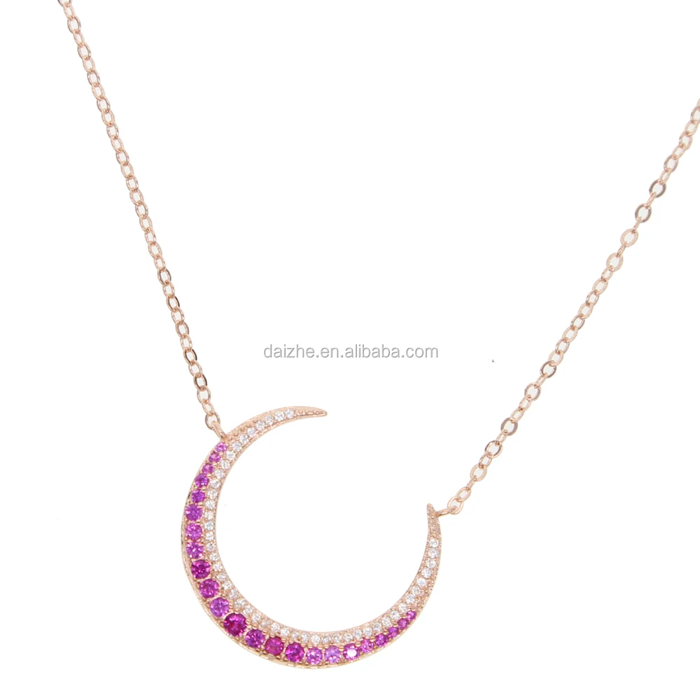 

fashion rose gold big moon charm pendant necklace with ruby pave crescent necklace for wedding