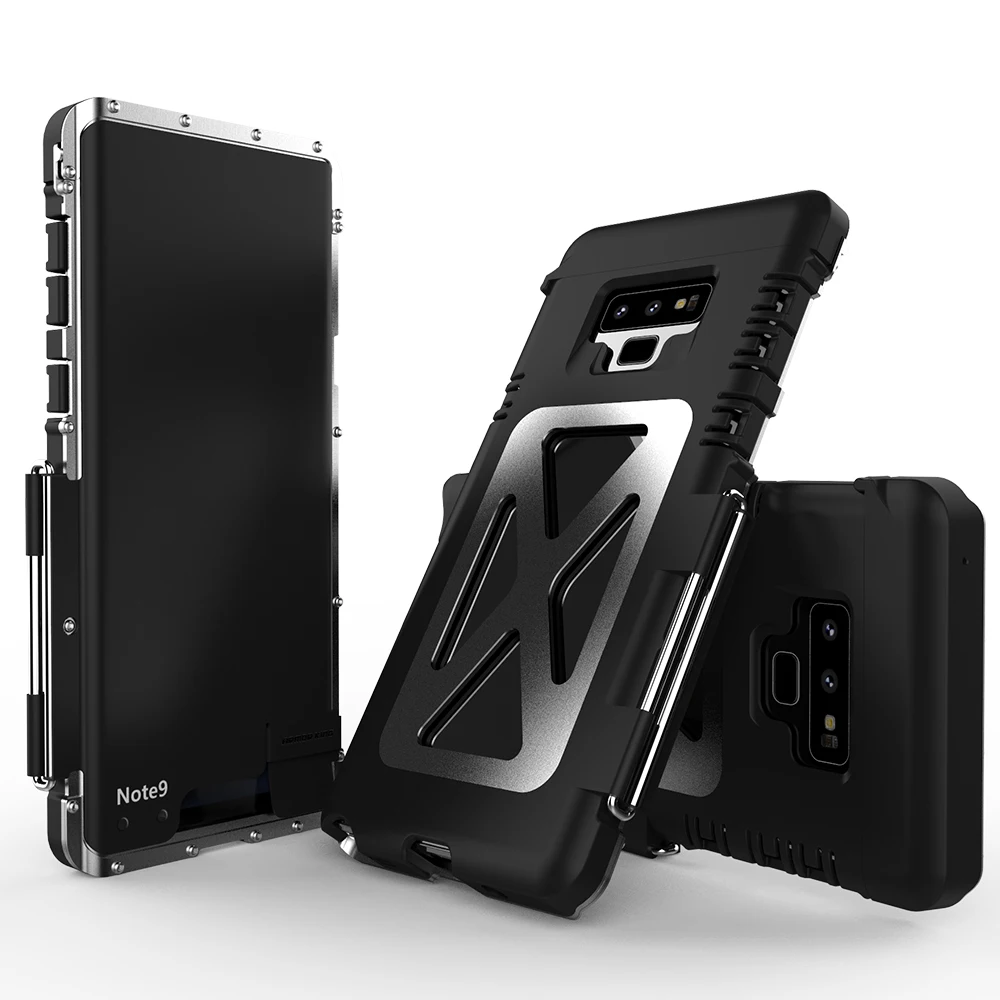 

R - JUST Metal Aluminum Armor Bumper Protective Case For Samsung Galaxy Note9 Heavy Duty phone Shockproof Flip Leather Case, Black / silver / silver black / camouflage green