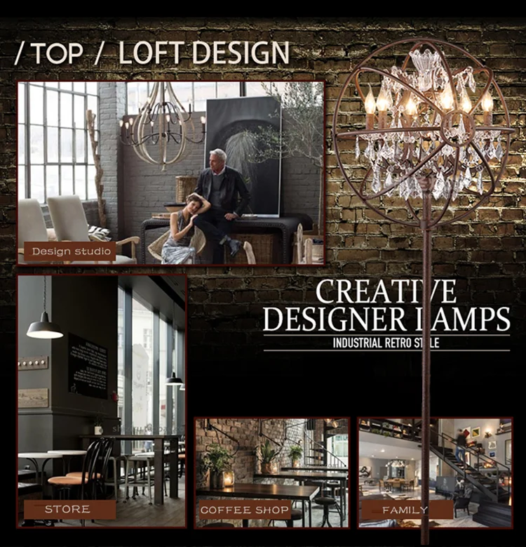 Quiet and elegant Retro type iron floor lamp and crystal floor lamp for coffee shop, restaurant, clothing shop