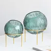 Nordic Style Olive Green Colour Glass Bubble Bowl Vase Embossed Leaf Pattern with Gold Metal Stand for Home Decor