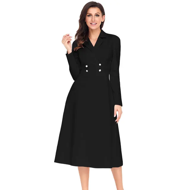 

Women's Clothing Tight Winter Fashion Brief 50s Party Formal Lady Office Wear Black Vintage Button Collared Fit-and-Flare Dress