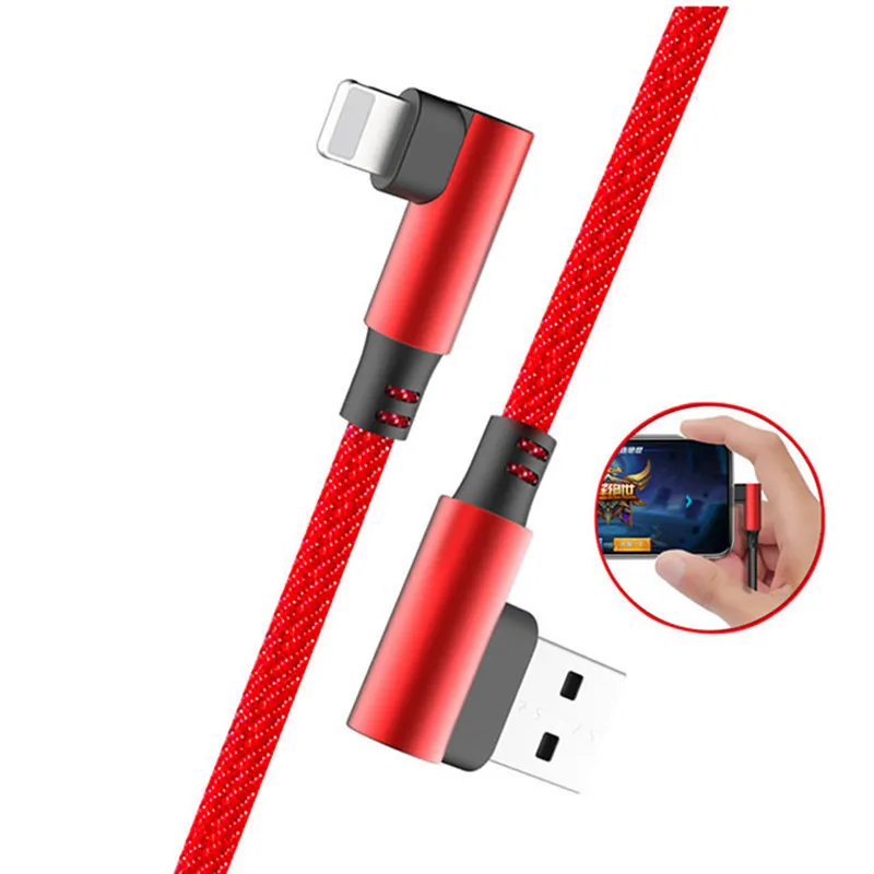 

90 Degrees Corner Right Angle Double Elbow Braided Fast Game Micro Type C Charging Usb Data Cable for Iphone, Red;black;blue