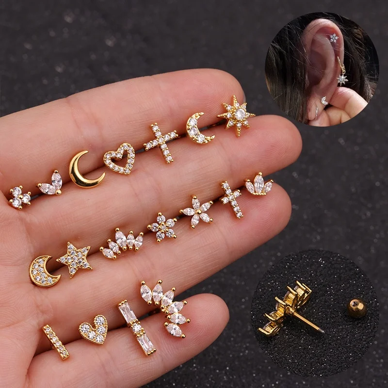 
Wholesale price gold plated mini cubic zirconia moon start heart sun stainless steel ball screw stud earrings 