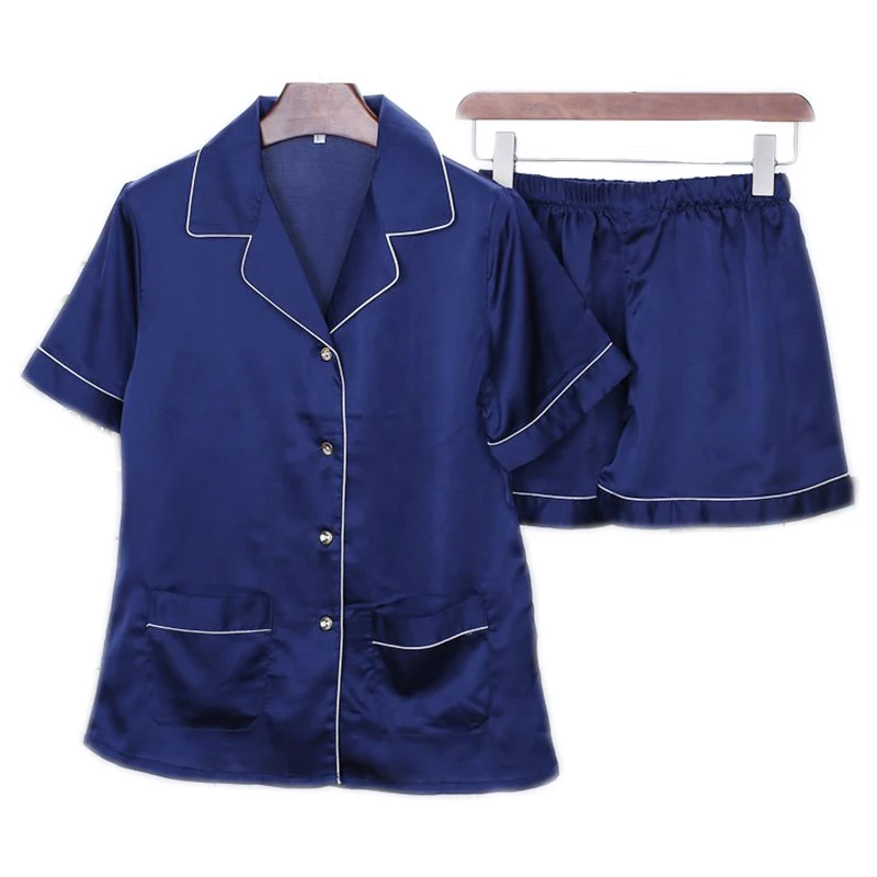 

Wholesale Fashionable no MOQ Short Sleeve Silk Pajamas Suit, White;black;blue;pink