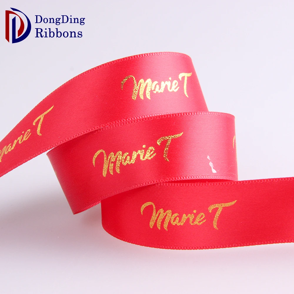 

Custom logo gold metallic foil printing ribbon ,2cm  red printed polyester satin ribbon, 196 colors