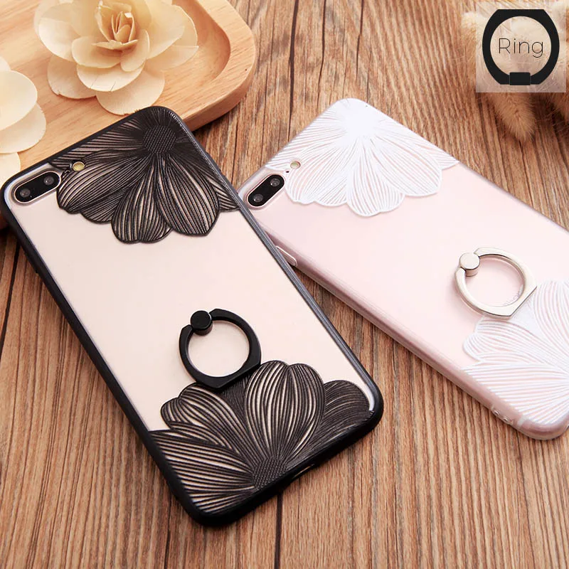 

Ring Grip Lace Flower Pattern For iphone 7 7plus Case Hollow Retro Vintage Relief Phone Cases For iphone 6 6s 6plus cover