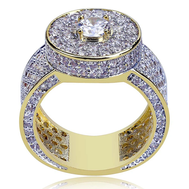 

Hip Hop Bling Iced Out Round Crystal Ring Gold Color Brass Cubic Zirconia Wedding Rings For Men Jewelry US Size 6-12