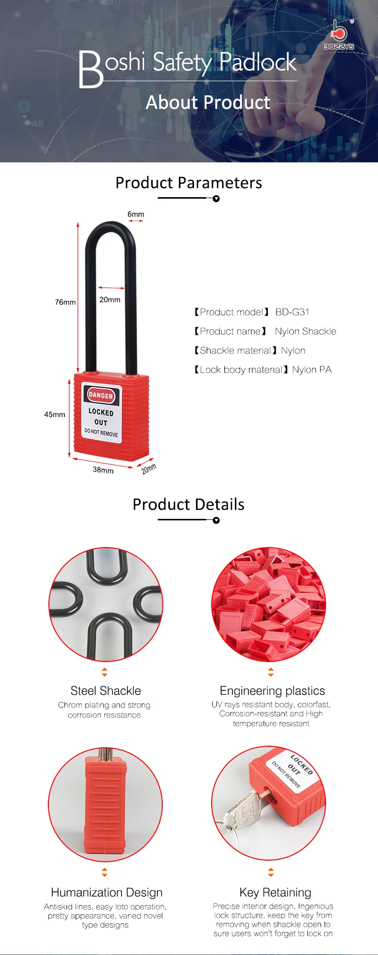 BOSHI Chinese Factory Long Shackle Insulation Safety Padlocks
