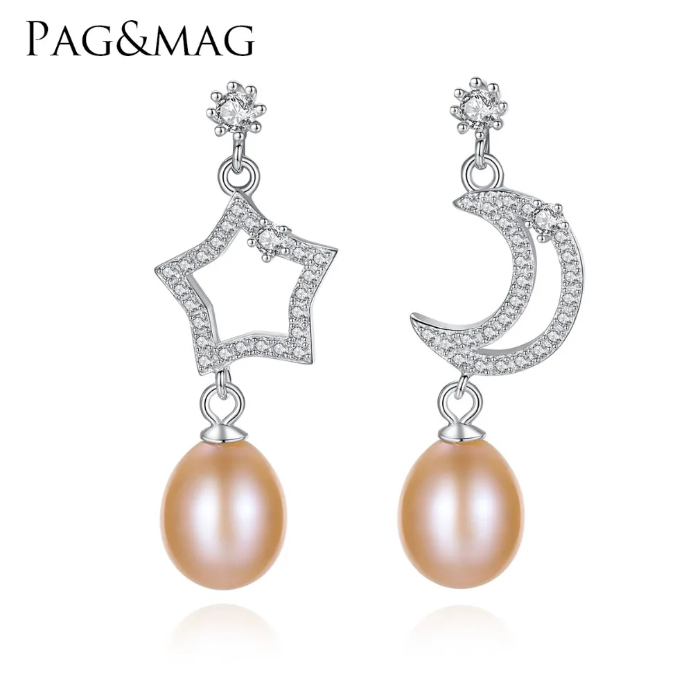 

PAG&MAG Bride Wedding New Fashion 925 Sterling Silver Shining Star Moon Hanging With Natural Pearl Drop Earrings