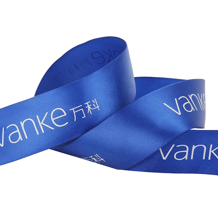 

Good quality wholesale 2.5cm dark blue vanke trademark printed polyester satin ribbon, 196 colors to choose