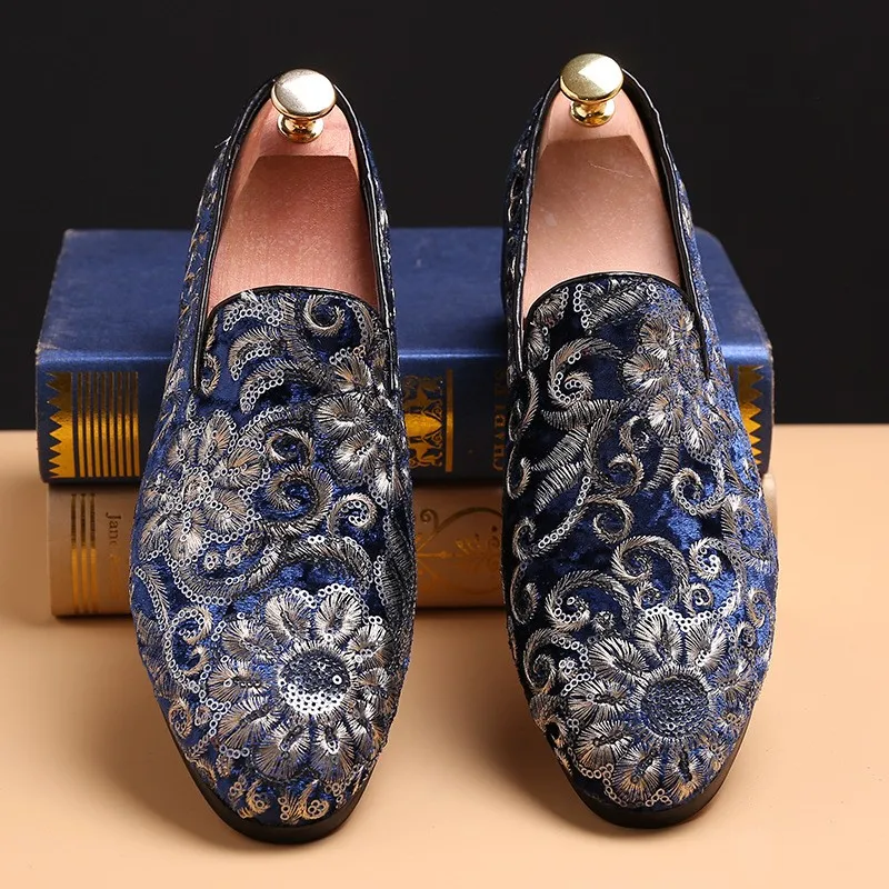 green emerald velvet dress Custom-Made Flower Embroidered Fabric Shoes for Groom main image 1