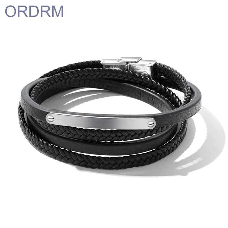 

Italian Mens Leather Bracelet Men Black Woven Bracelet