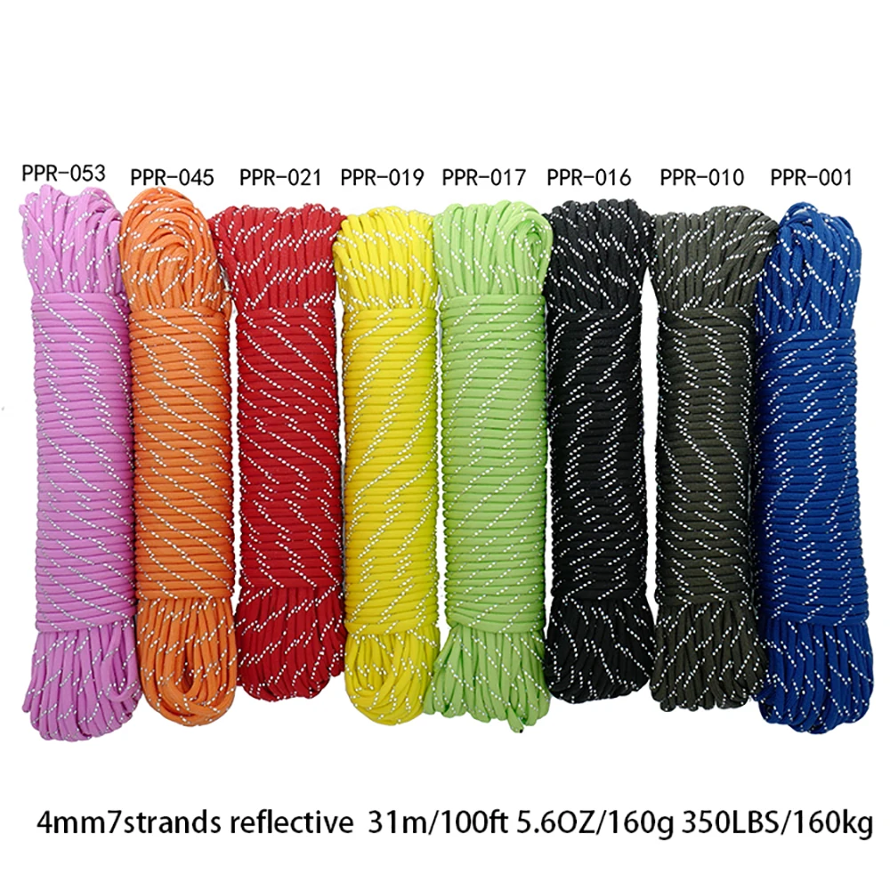 

4mm 5/32'' 7 strand 100ft Reflective paracord parachute outdoor camping tent rope paracord survival kit, Blue, army green, black, neon green, yellow, pink, red etc.