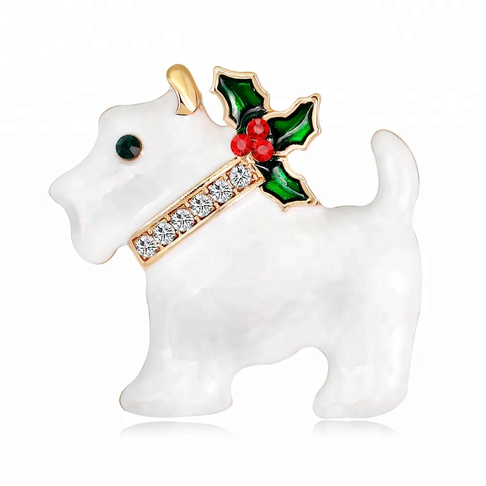 

Lovely Doggy With Collar White And Black Enamel Rhinestone Christmas Gift Dog Brooch Pins For Kids