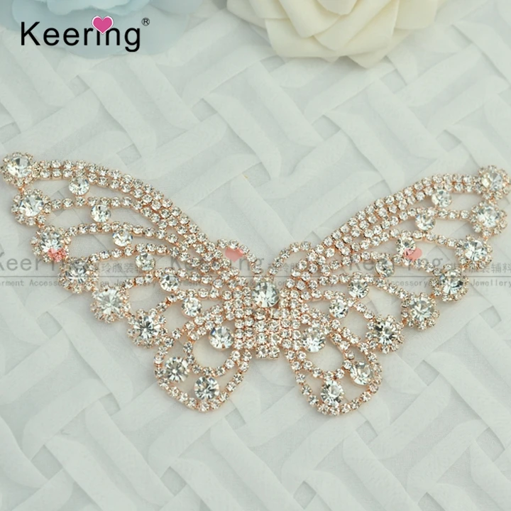 

keering sew on rose gold butterfly rhinestone applique with metal crystal embellishments for prom dress WRE-299