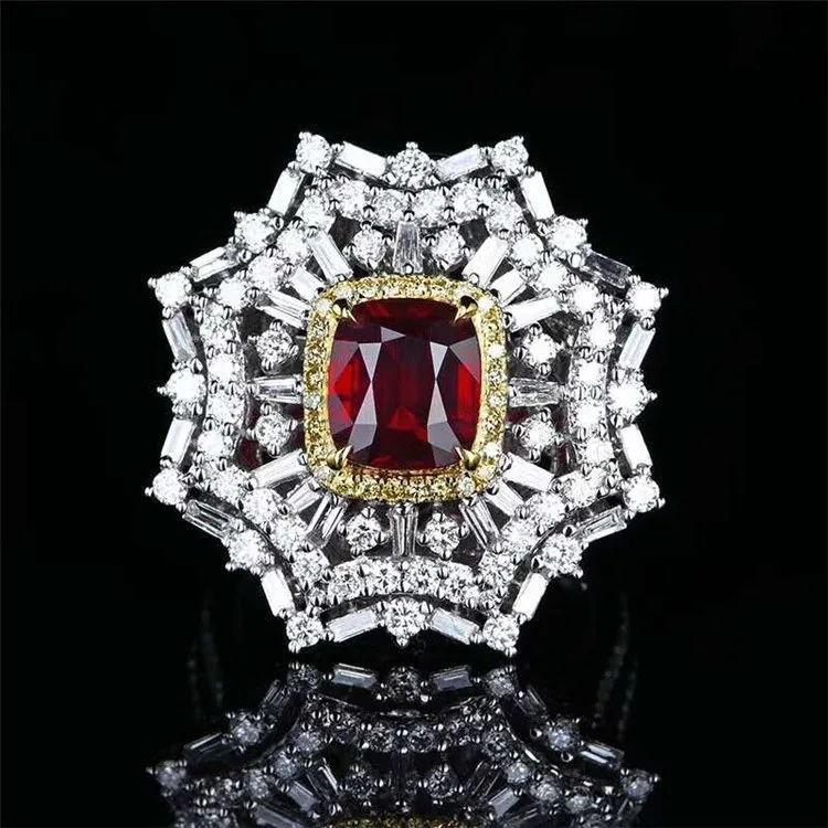 

flower shape jewelry design 18k gold Africa real diamond 3.03ct natural unheated pigeon blood red ruby pendant ring dual use