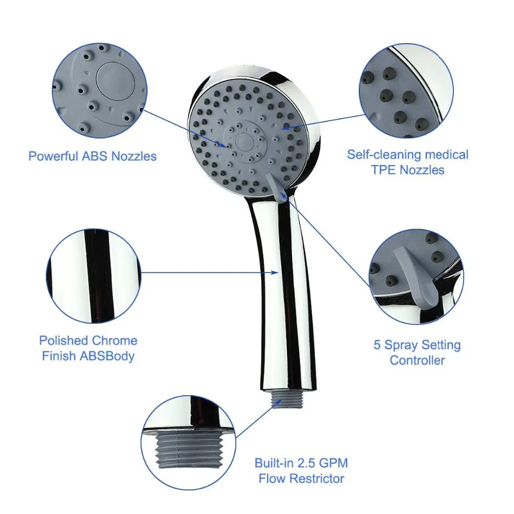 Bathroom Hand Shower Set 5 Functions Chrome Abs Plastic Rain Shower