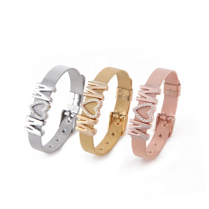

Stainless Steel Bangles for Woman Alloy MOM Charms Bracelet Gold Color Keeper Mesh Bracelets, Steel/gold/rose gold