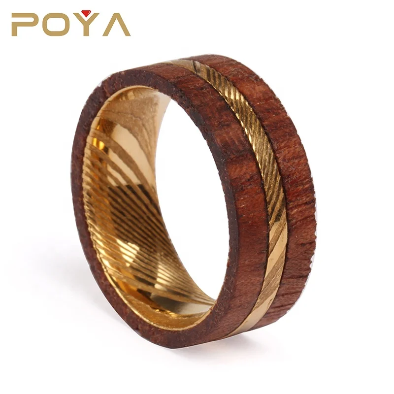 

Latest Wedding Ring Designs 8mm Gold Plated Damascus Steel Rings Combined with Solid Rose Wood