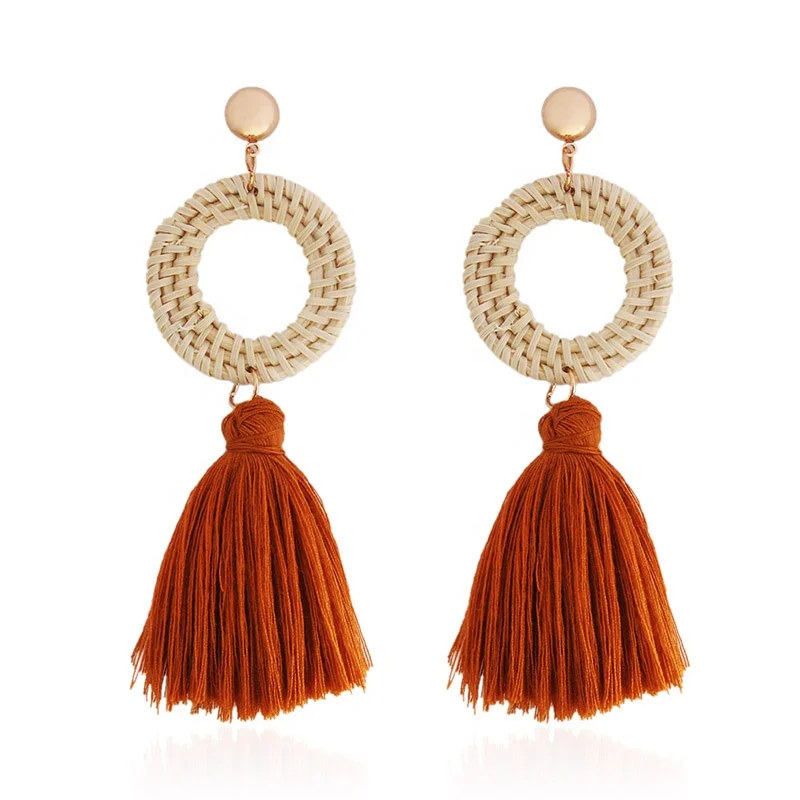 

SHE4222 6 color brand new Korean Straw Weave Rattan Knit Earrings Geometric Silk tassel handmade earring for women