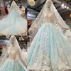 2019 New Pattern Sheer Bodice aline Long Sleeve Lace Tulle Baby Blue Wedding Dress for Sales