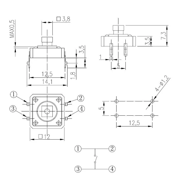 12*12 Tact Switch Height 4.3mm 15mm Dip 4p 12x12 Square Button Tactile ...