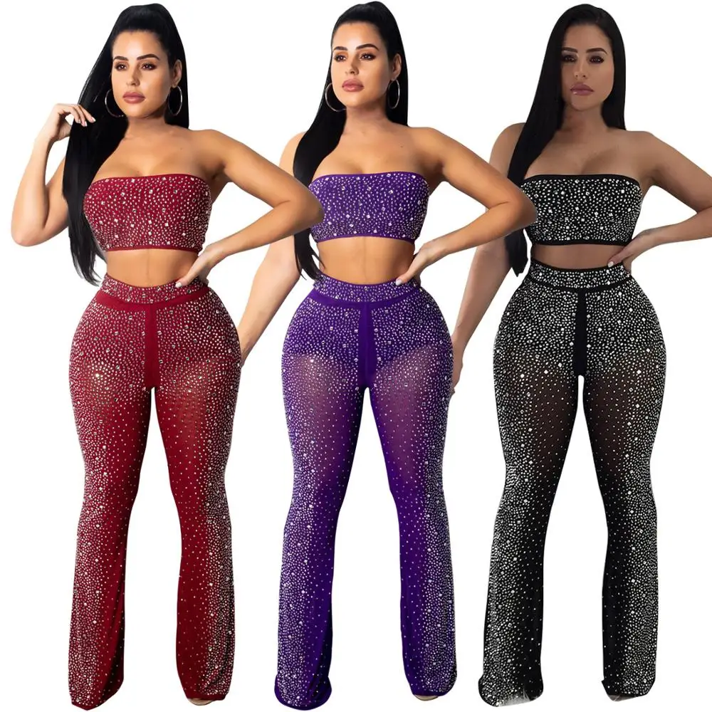 

YSMARKET Rhinestone Mesh Perspective Two Piece Set Sexy Clothes Women Clubwear Pants Suit Tube Top And Trousers Summer EQ139