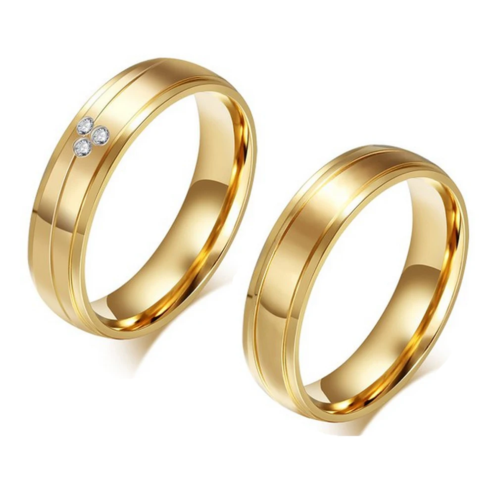 

CZ Crystal Gold Engagement Wedding Ring Stainless Steel Couple Ring, Gold/clear
