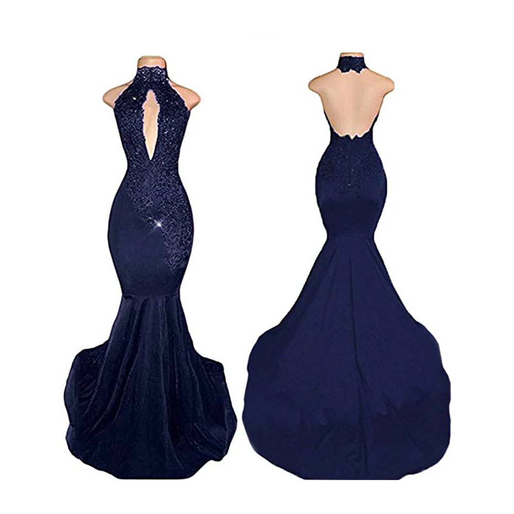 

Sexy high neck long mermaid prom dresses backless beaded appliques lace evening dresses for women 2019, Navy blue;red;black;others