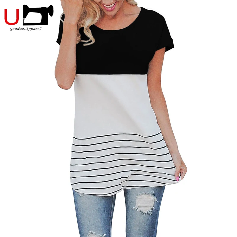 

Striped Patchwork Short Sleeve Tops O-Neck Loose Casual T-Shirt For Women Woman's Summer T-shirts