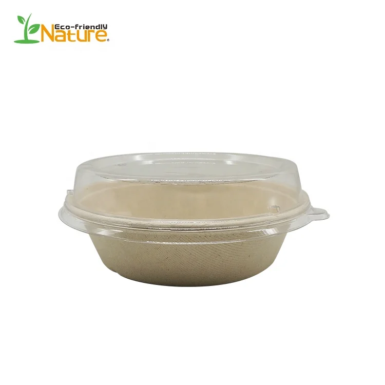 

Biodegradable Pulp Round 30oz Sugarcane Disposable Bowls With PET Lid, Natural color