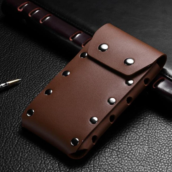 

2019 Fashion Rivet Waist Belt Bag Real Leather Metal Pin Buckle Waistband Phone cell phone belt Pouch, Black;brown