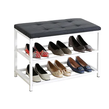 Modern Entryway 2 Tier Metal Shoe Storage Bench With Cushion