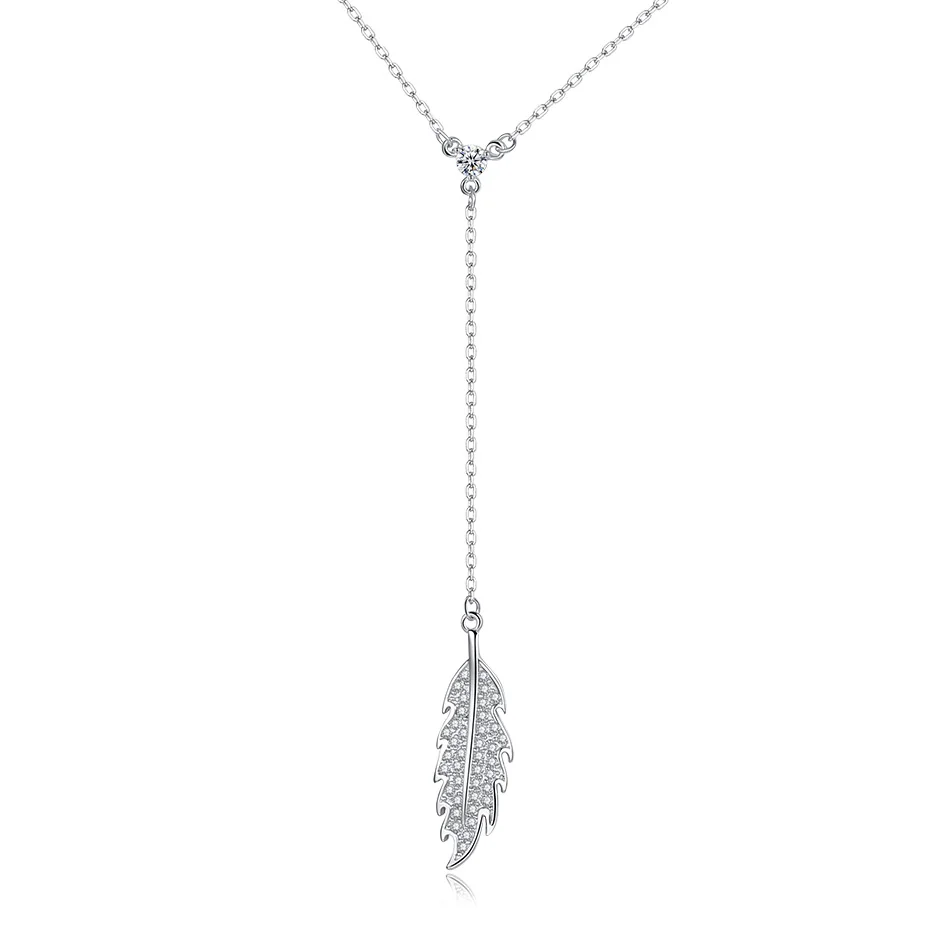 

925 Sterling Silver Necklace Clear Zircon Feather Pendant Necklace for Women Wedding Jewelry Accessories Christmas Gifts