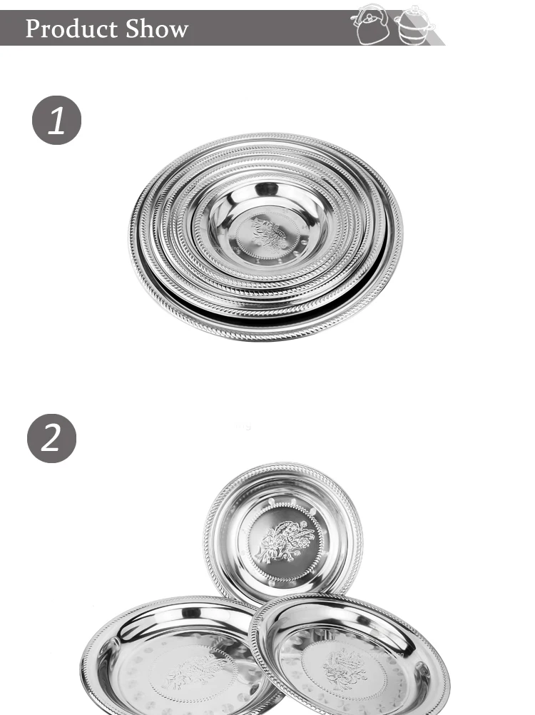 high quality and China dishes wholesale round serving tray stainless steel plate set