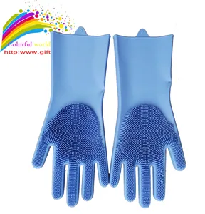 Image of Dishwashing Cleaning Sponge Gloves with Long Bristles,Reusable Silicone Brush Scrubber Gloves Heat Resistant for Dishwashing