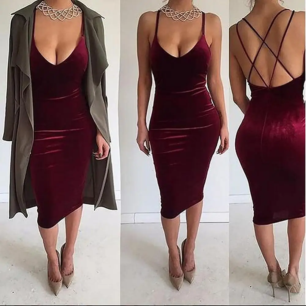 

F20761A New hot sale women's low-cut v-neck halter velvet dresses for women, Wine red, dark green, sapphire blue