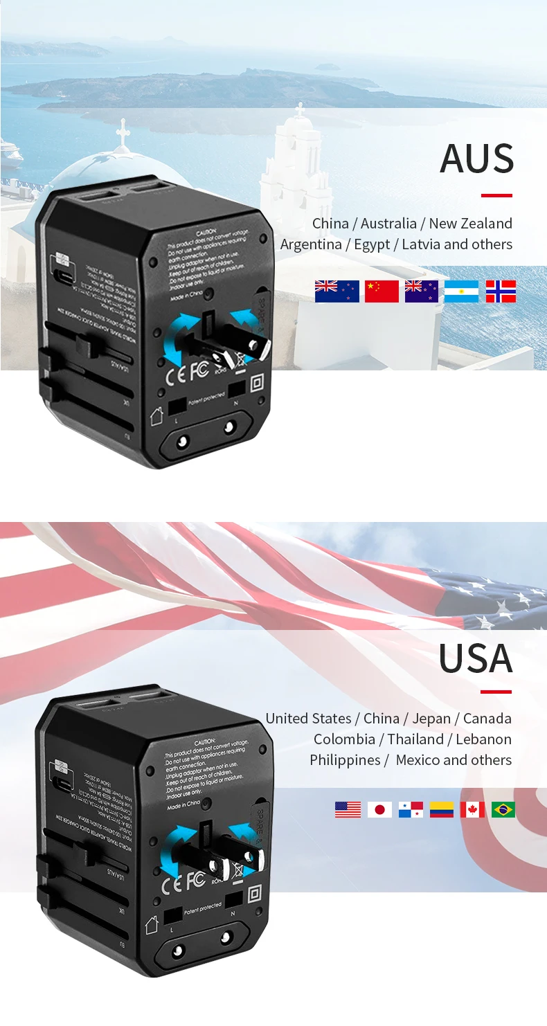 Earldom Universal Travel adapter plug Type C USB quick charger 42W PD adaptor power electrical plug outlet