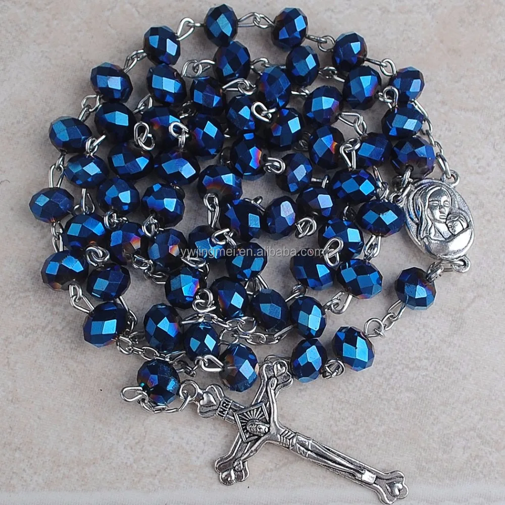 6*8mm Dark Blue Crystal beads Rosary with Maria hold Child Center piece with Holy Soil on Back side