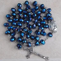 

6*8mm Dark Blue Crystal beads Rosary with Maria hold Child Center piece with Holy Soil on Back side