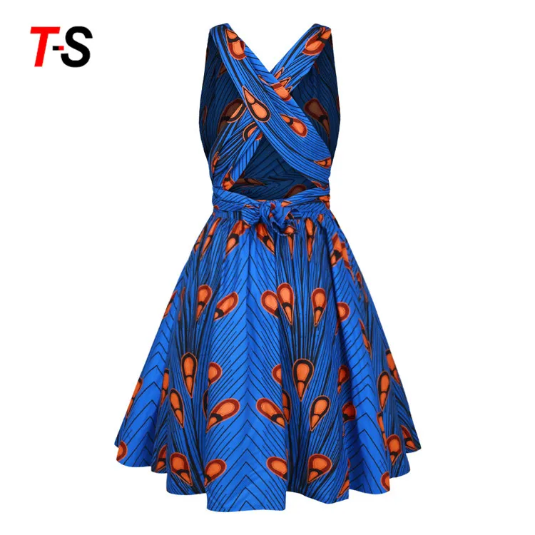 

Bohemian style elements digital print multi-wear straps pleated African clothing Kitenge dress, As picture