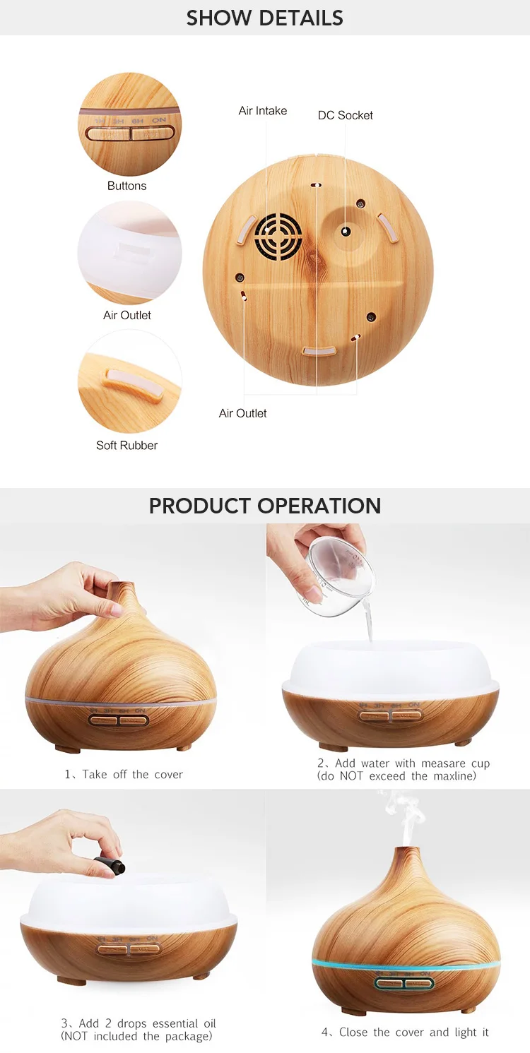 300ml Wood Grain Aromatherapy Humidifiers Ultrasonic Essential Oil Diffuser with 7 Color Light