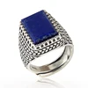 SJ Fine Tibetan Style High Quality Blue Natural Real Rectangle Shape Lapis Lazuli Flexible Open 925 Sterling Silver Men Ring