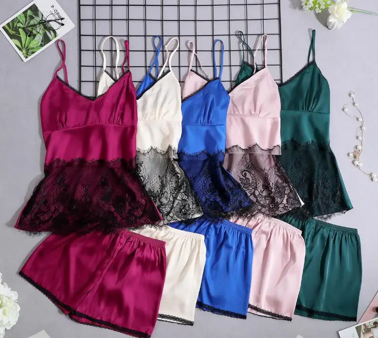 

Wholesale sexy style summer sleeveless women sleepwear sexy satin pijama, Gray-blue, pink, navy, wine red