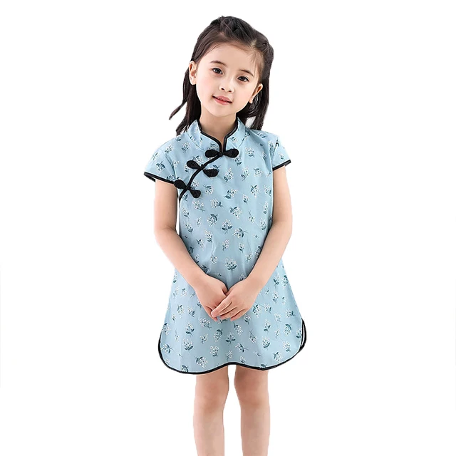 
baby cheongsam summer children baby ethnic style flower girls clothing dress plate button Chinese dress qipao 